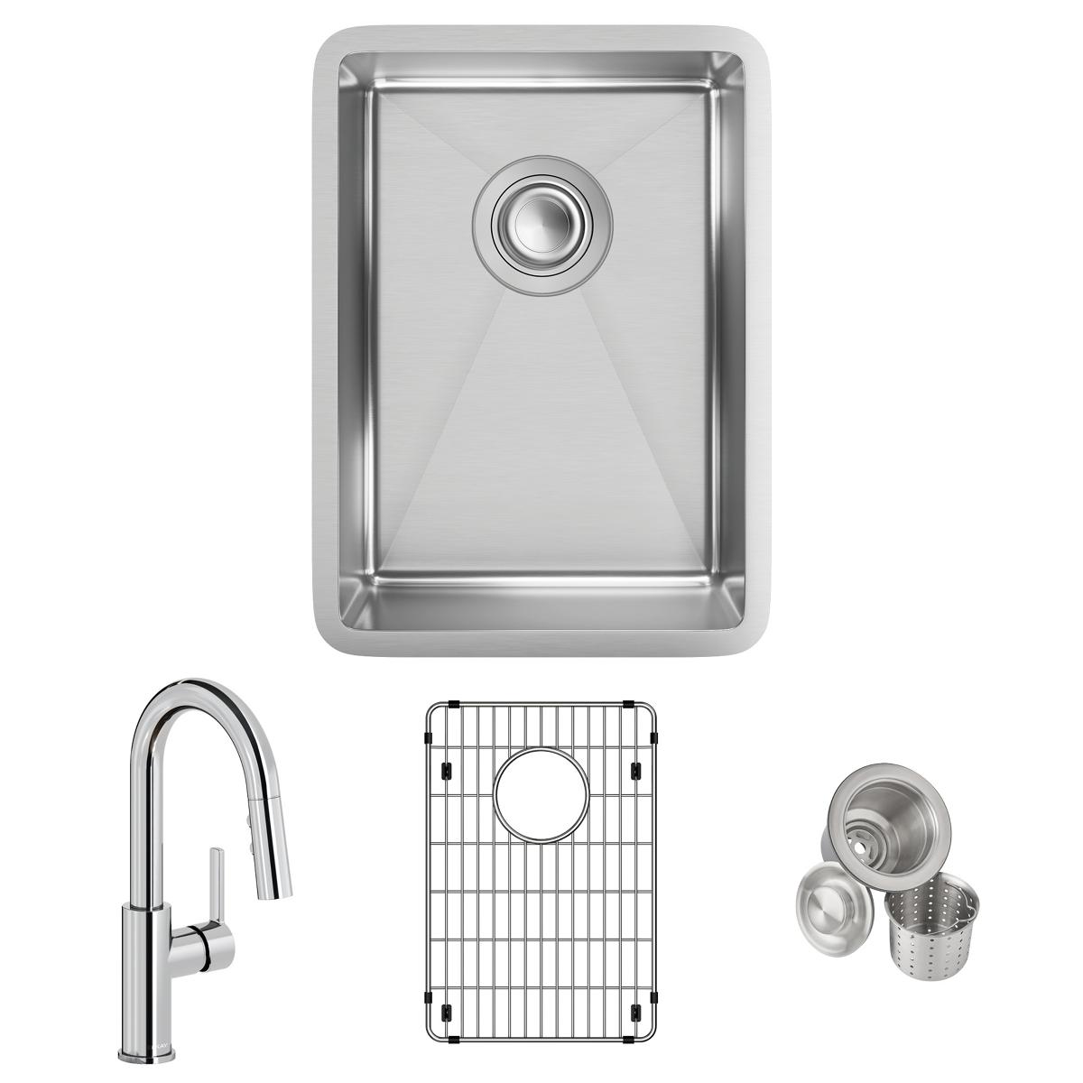 Stainless steel single bowl undermount bar sink with matching faucet, bottom grid, and drain components.