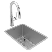 Stainless steel undermount bar sink with arched pull-down faucet, bottom grid, and drain included.