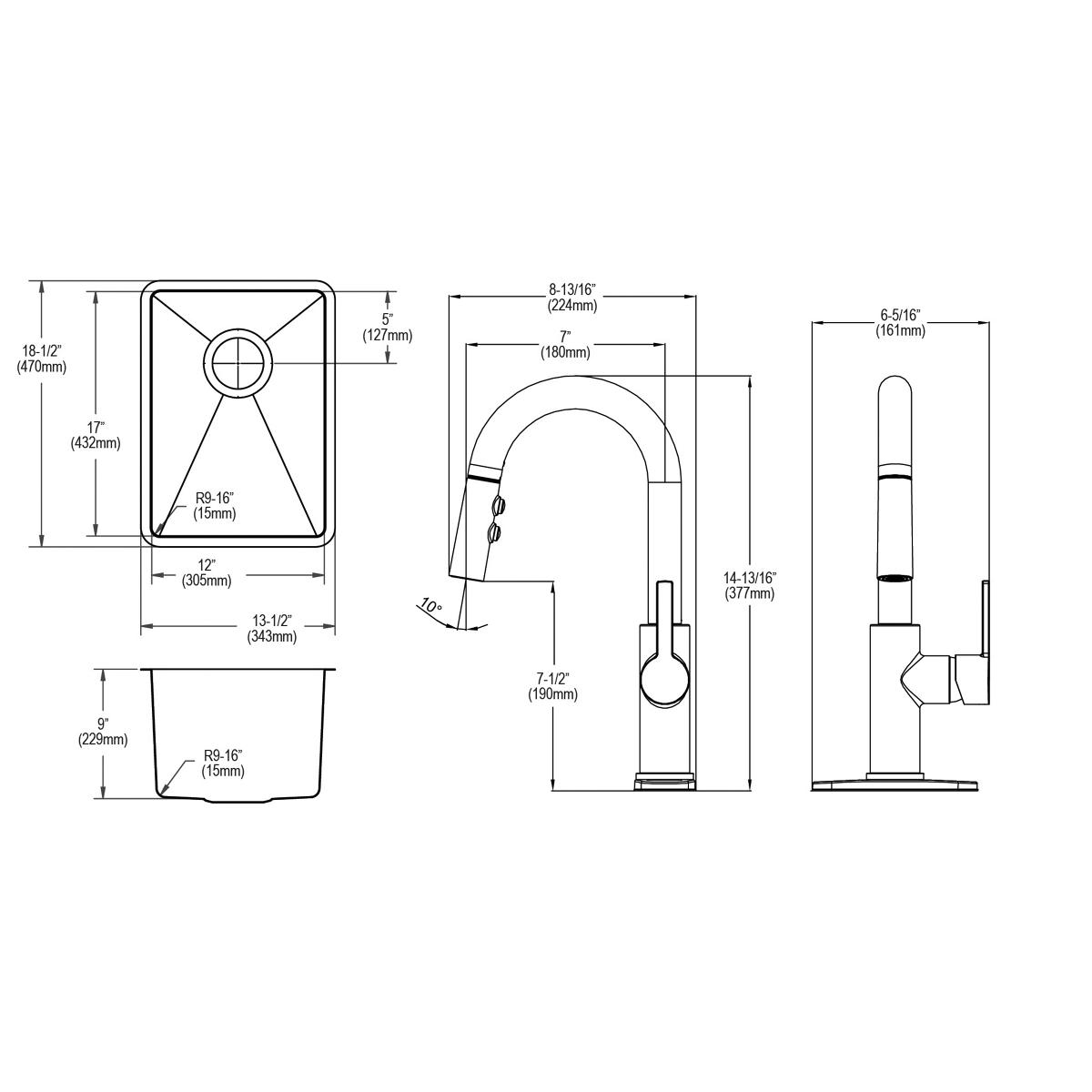 Stainless steel undermount bar sink with single bowl and arc faucet shown in top, side, and front technical drawings with mea