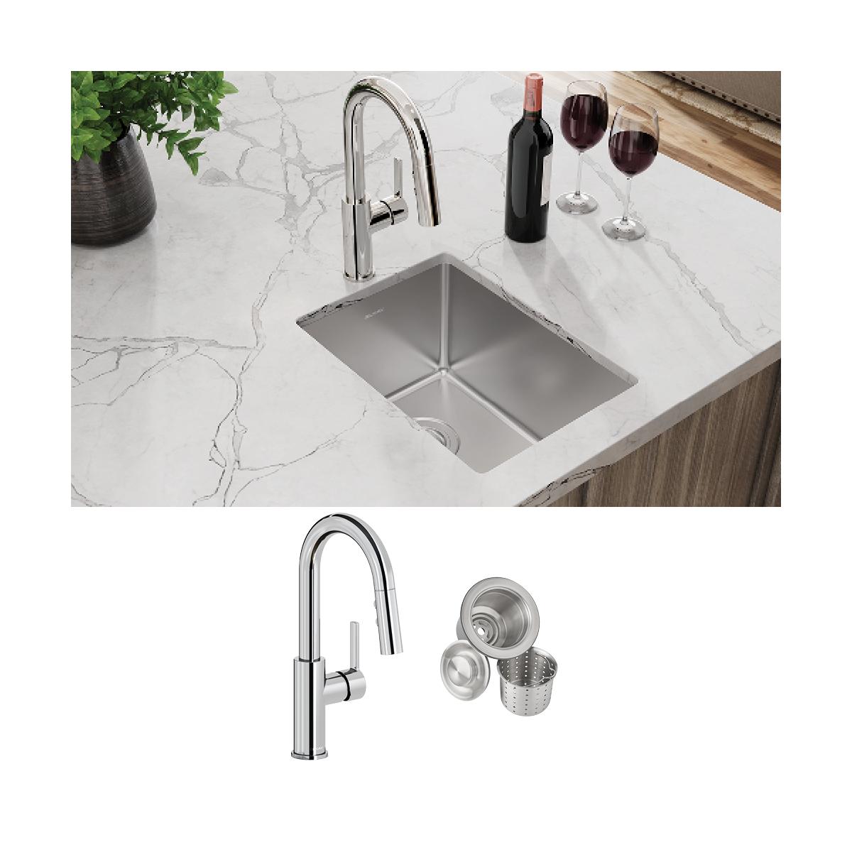 Stainless steel undermount bar sink with chrome pull-down faucet and strainer basket included in marble countertop setting.
