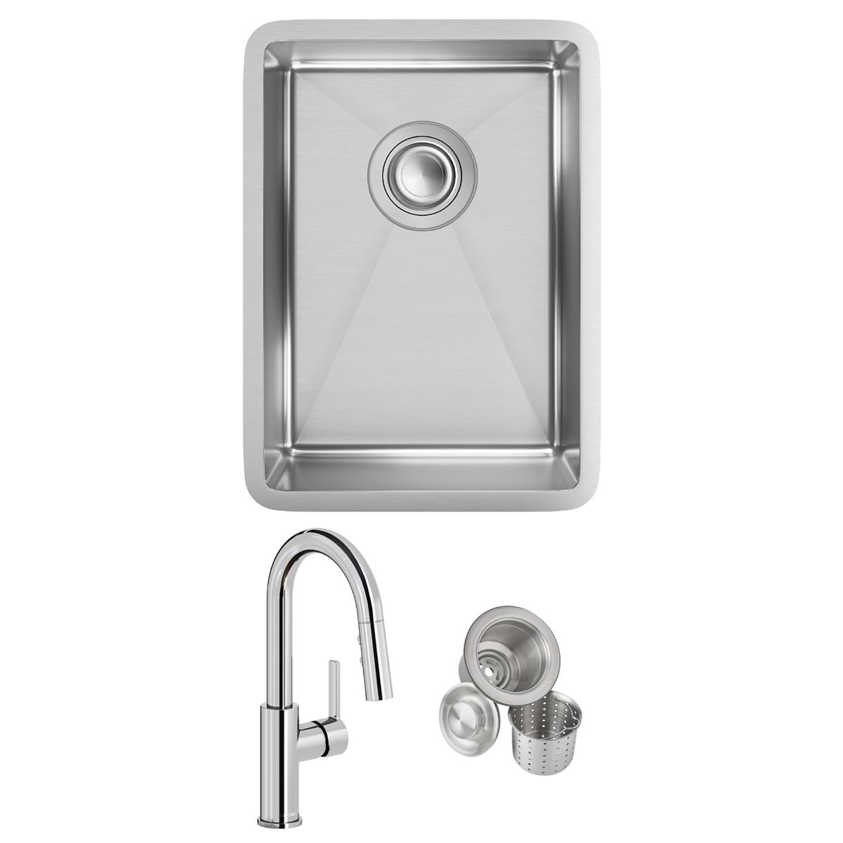 Stainless steel single bowl undermount sink with drain shown above chrome pull-down faucet and strainer basket accessories.