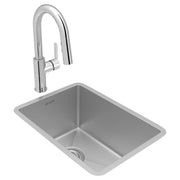 Stainless steel undermount bar sink with single bowl and arched chrome faucet with lever handle.