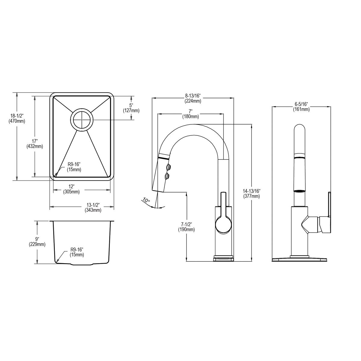 Technical drawings showing stainless steel undermount sink bowl with drain and arc-shaped pull-down faucet with measurements 