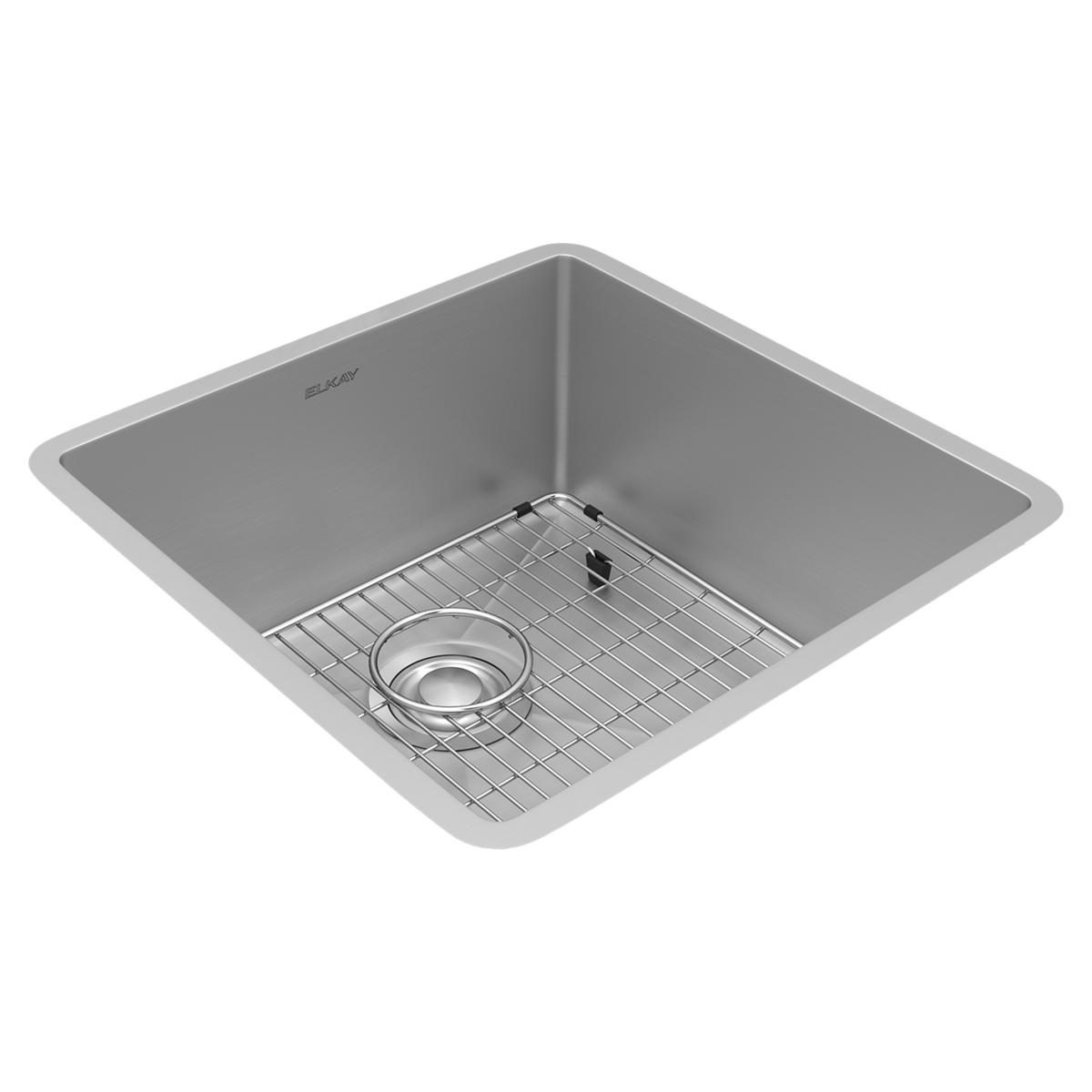 Stainless steel square undermount sink bowl with rounded corners, grid insert, and drain strainer visible at bottom.