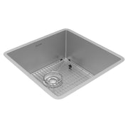 Stainless steel square undermount sink bowl with rounded corners, grid insert, and drain strainer visible at bottom.