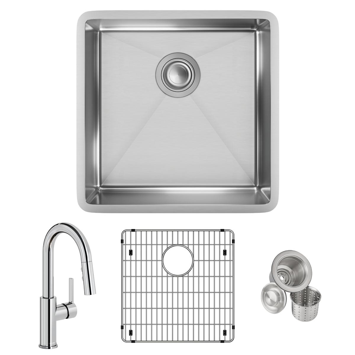 Square stainless steel single bowl undermount sink with drain, faucet, bottom grid, and strainer basket included.