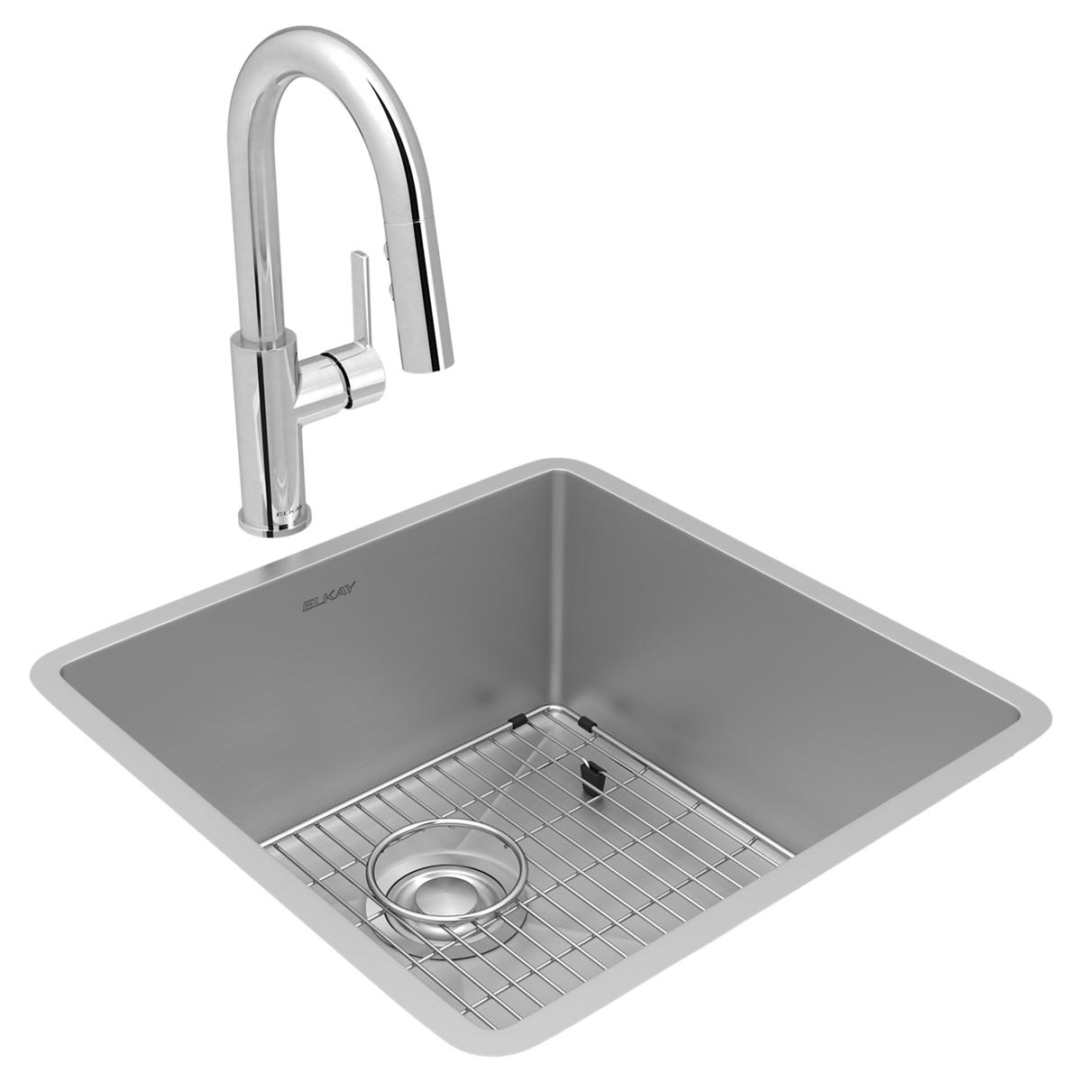 Stainless steel single bowl undermount sink with chrome pull-down faucet, bottom grid, and drain strainer.