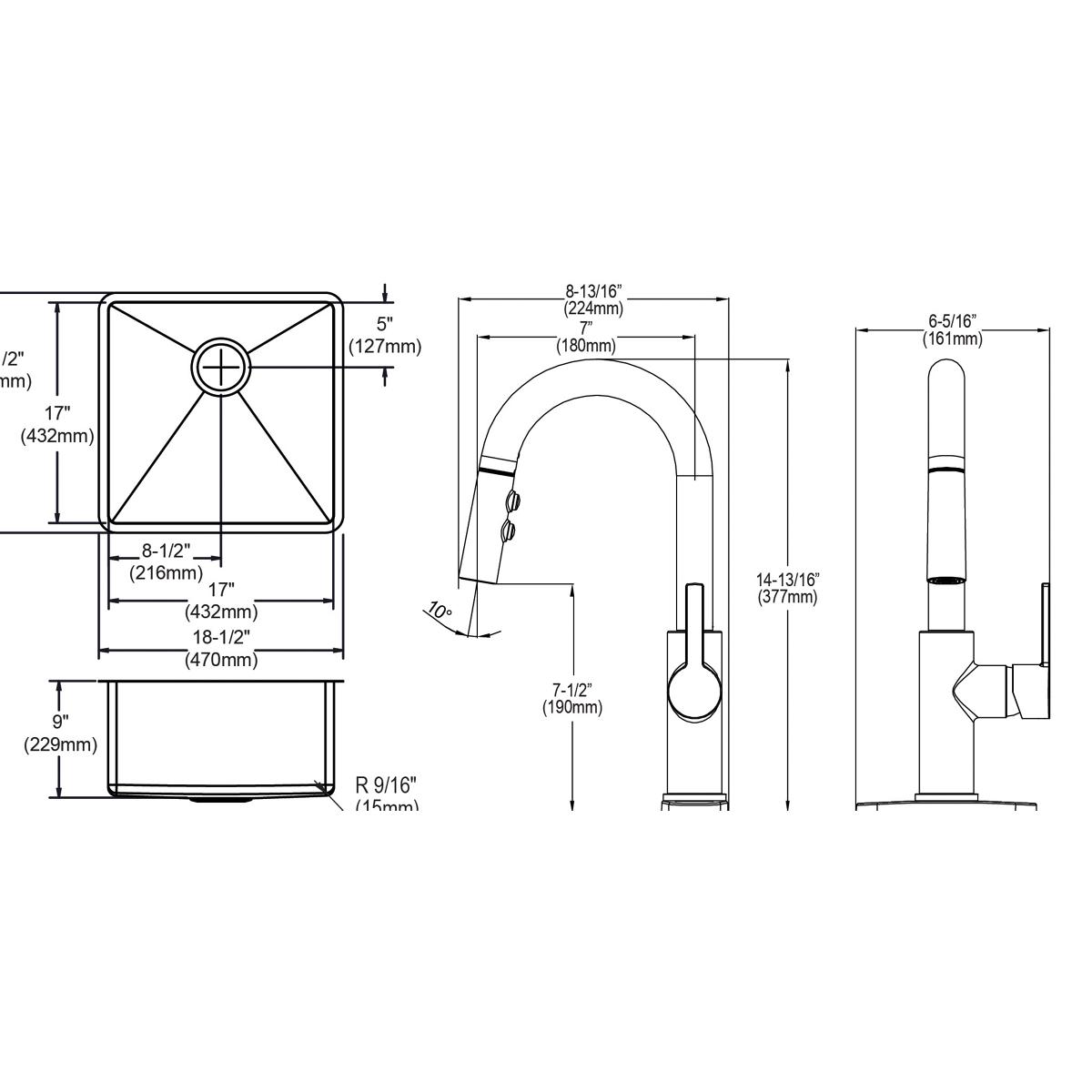 Technical specification drawings showing undermount sink bowl dimensions, grid pattern, and pull-down faucet with measurement