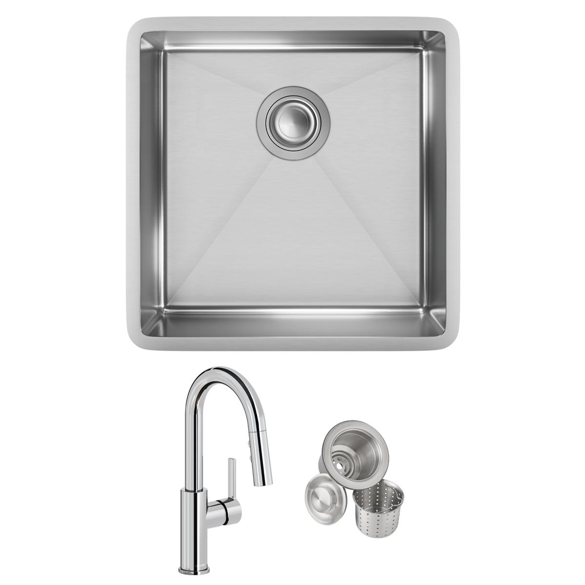 Stainless steel square undermount sink with single bowl, drain opening, chrome pull-down faucet, and strainer basket included