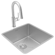Stainless steel single-bowl undermount sink with matching pull-down faucet and drain assembly.