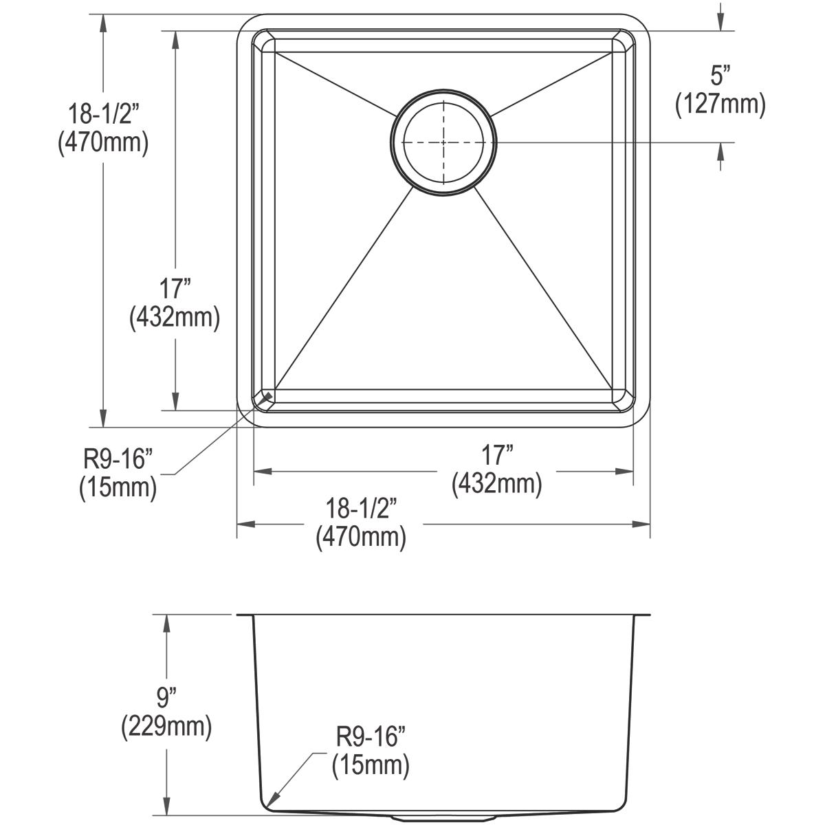 Stainless steel single bowl undermount sink with rounded corners and center drain, shown in top and side view with dimensions