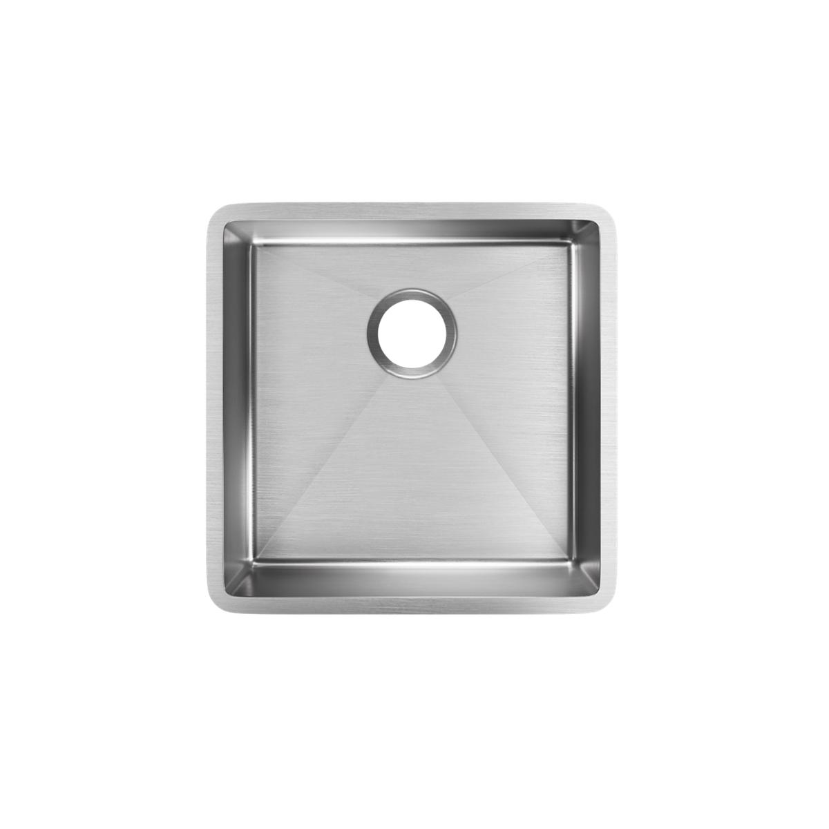 Stainless steel single bowl undermount sink with rounded corners and center drain hole.
