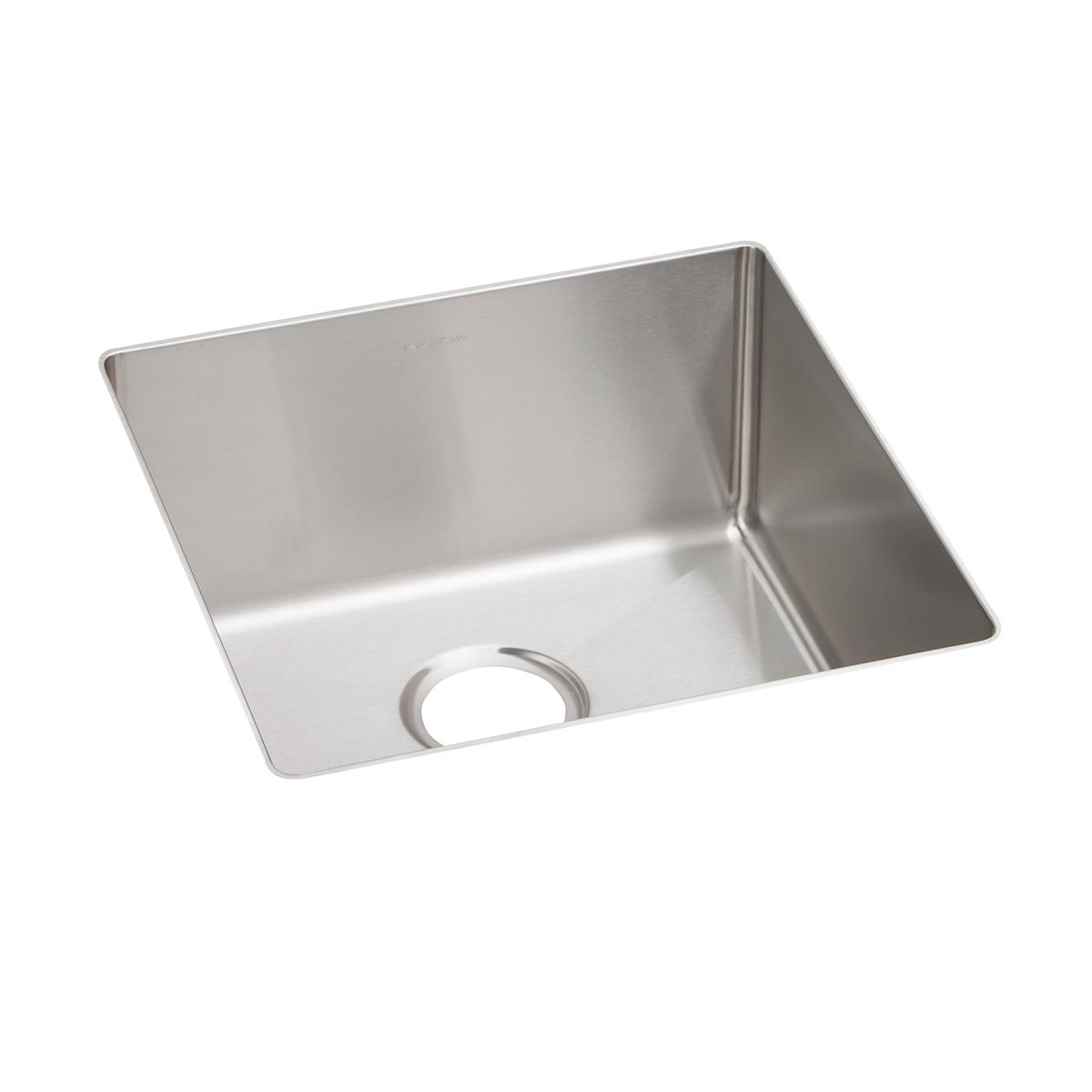 Stainless steel square single bowl undermount sink with drain hole, angled view.