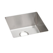 Stainless steel square single bowl undermount sink with drain hole, angled view.