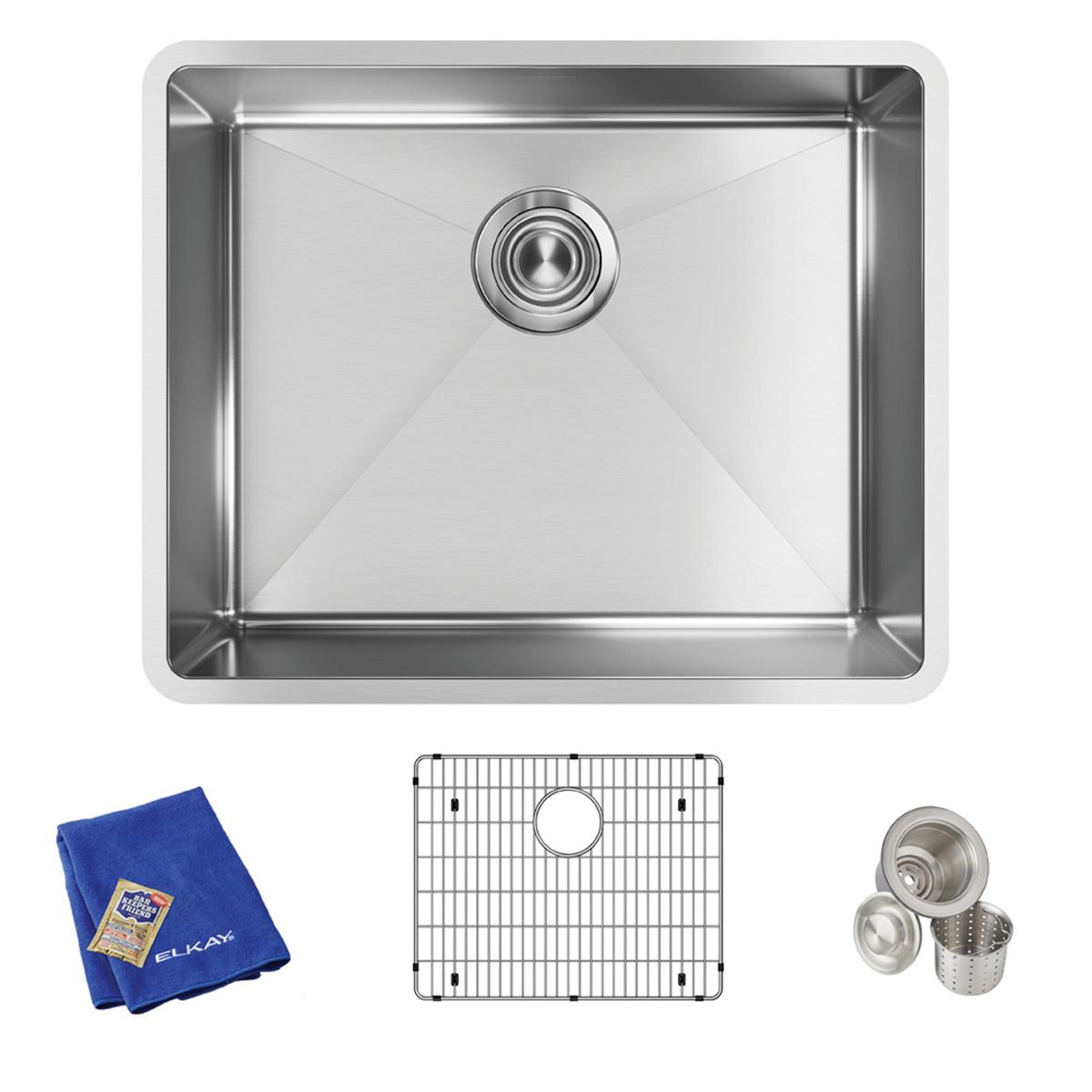 Stainless steel single bowl undermount sink with drain hole, includes grid strainer, blue cloth, and stainless steel accessor
