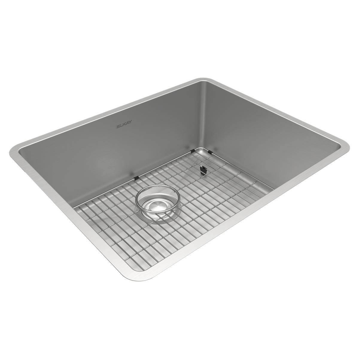 Stainless steel single bowl undermount sink with drain hole and included grid rack insert.