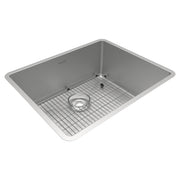 Stainless steel single bowl undermount sink with drain hole and included grid rack insert.