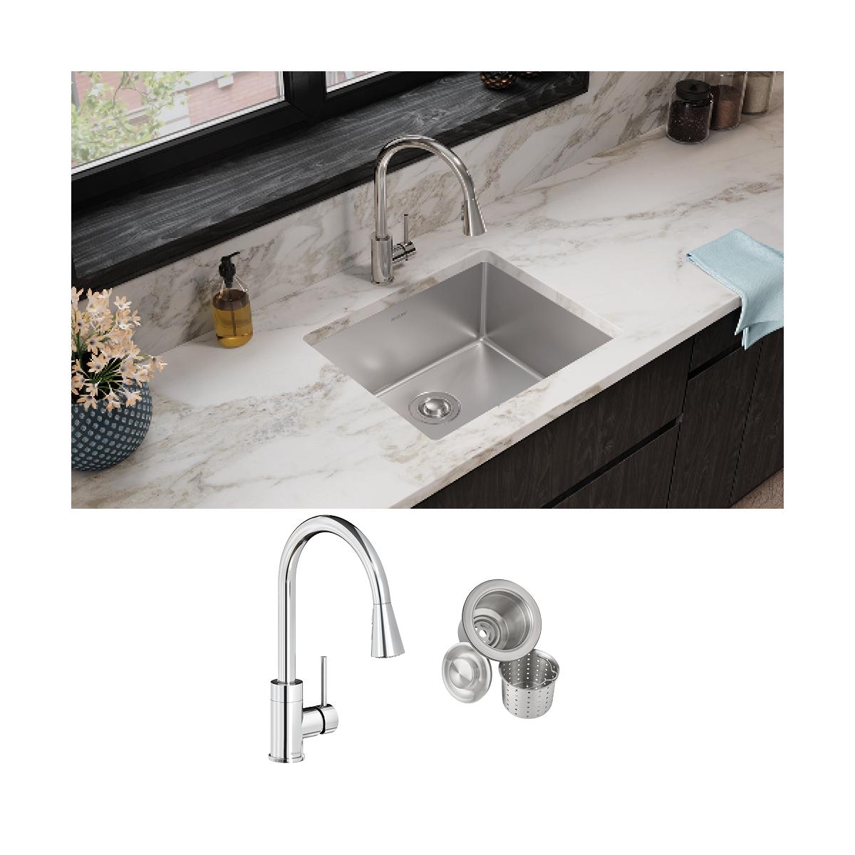 Stainless steel single bowl undermount sink installed in marble countertop with chrome pull-down faucet and drain strainer ac