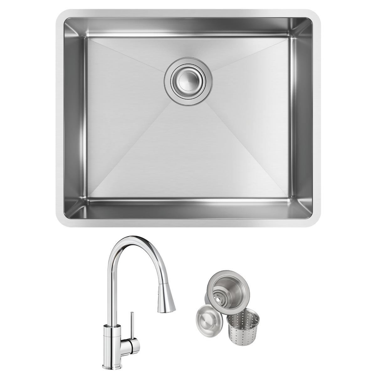 Stainless steel single bowl undermount sink with drain hole and pulldown faucet with strainer basket accessories.