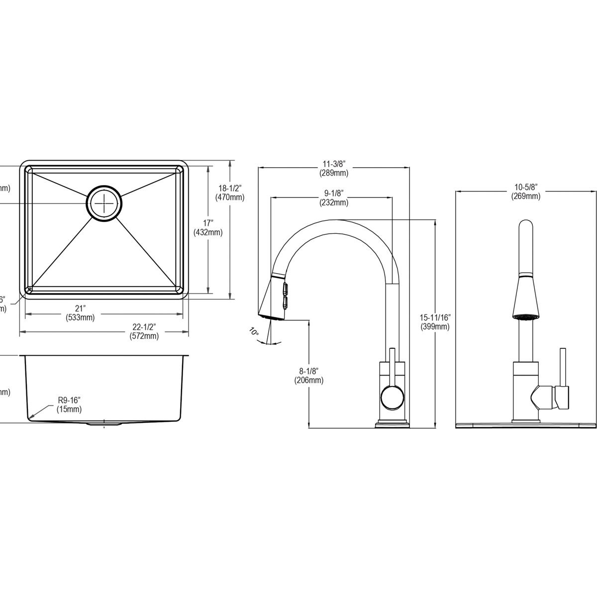 Technical drawings showing top, front, and side views of a stainless steel undermount sink with pulldown faucet and dimension