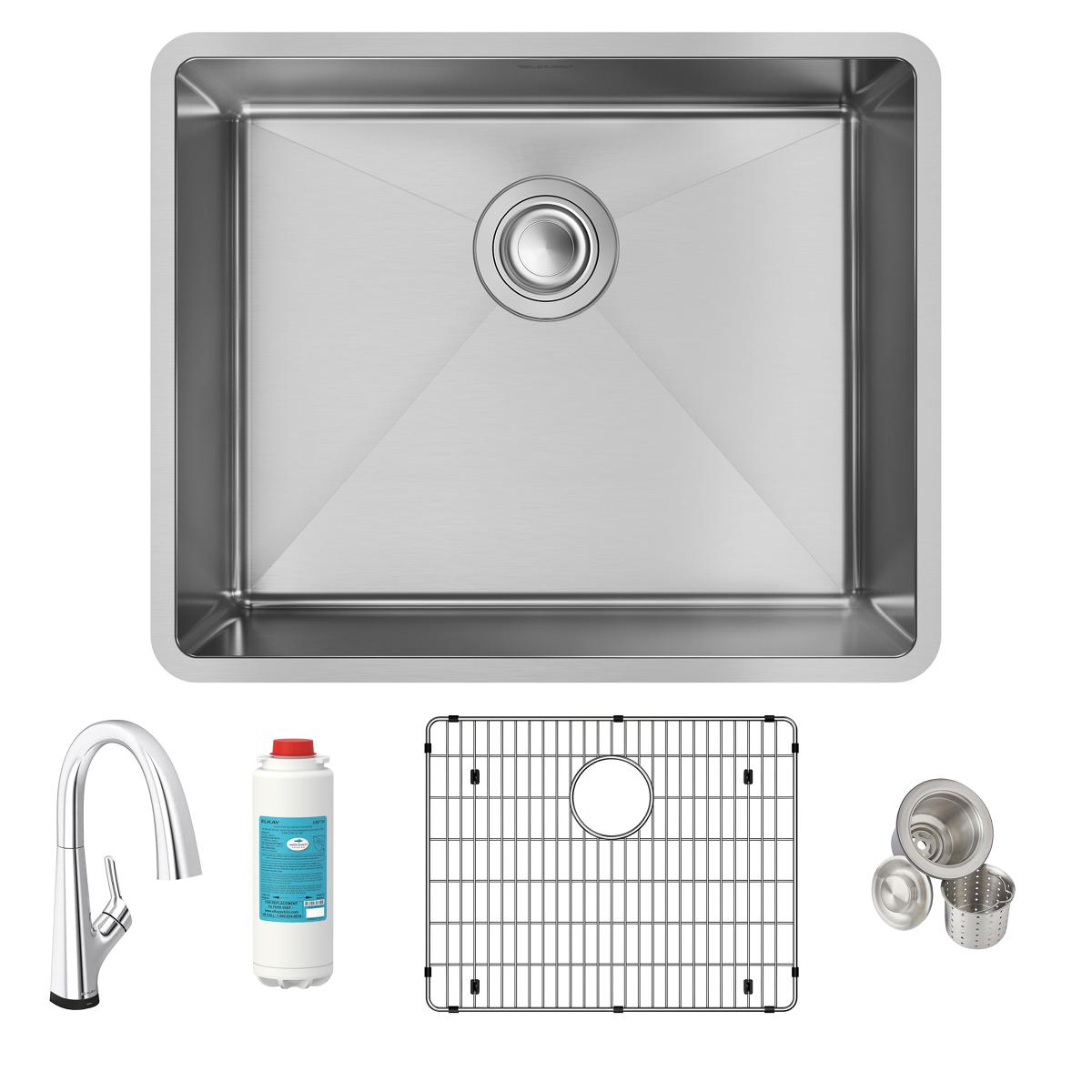 Stainless steel undermount sink kit with single bowl, filtered faucet, sink grid, and replacement filter cartridge.