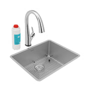 Stainless steel undermount sink bowl with grid insert, arc pull-down faucet, and replacement water filter cartridge.
