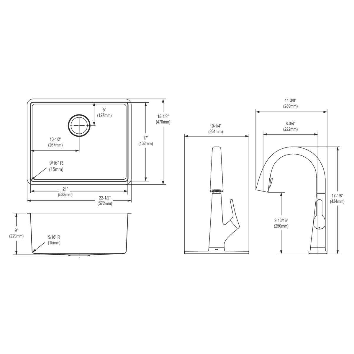 Stainless steel single bowl undermount sink with rounded corners and matching filtered pull-down faucet, shown in top, front,