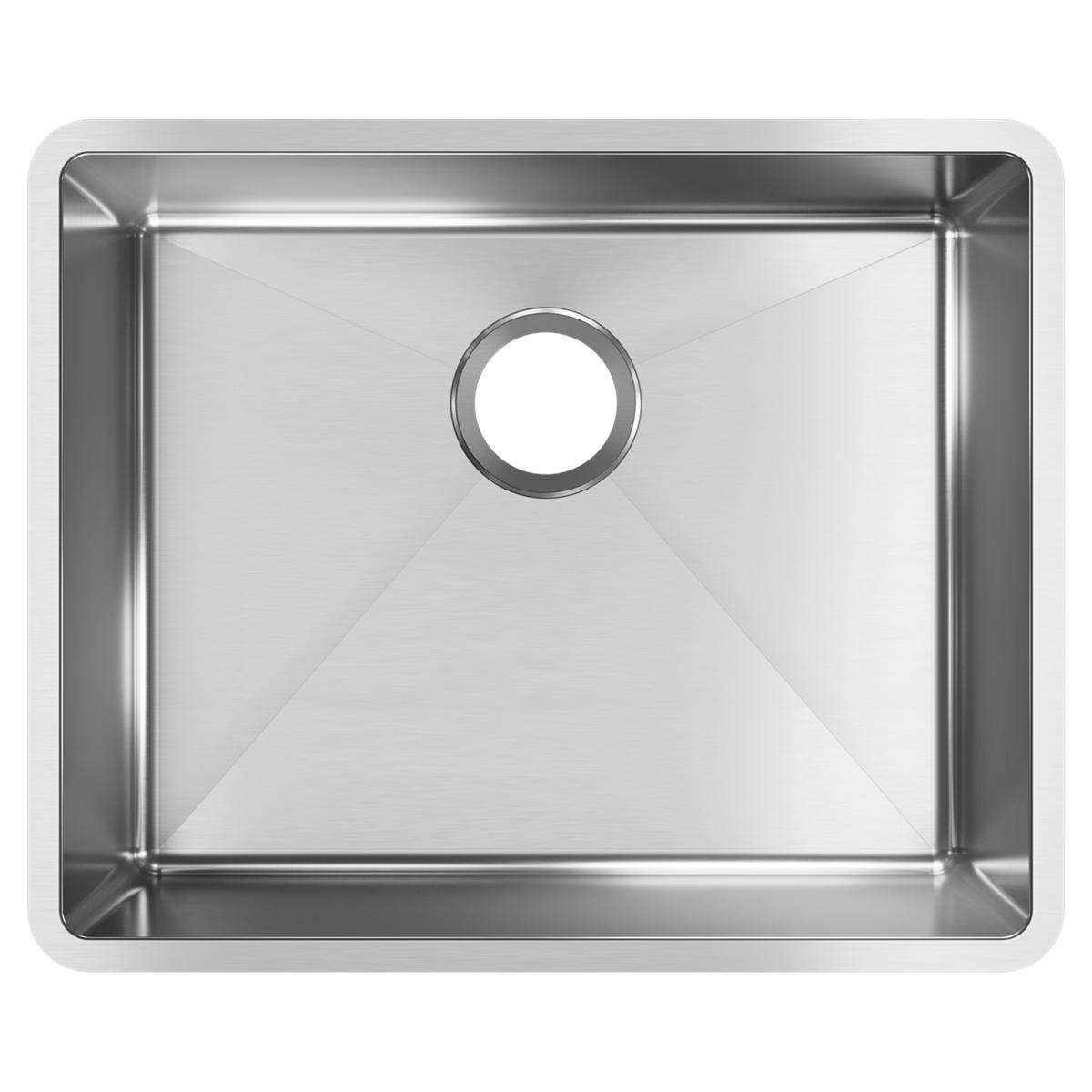 Stainless steel single bowl undermount sink with faucet hole, viewed from above.