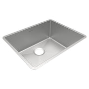 Stainless steel single bowl undermount sink with rounded corners and center drain opening.