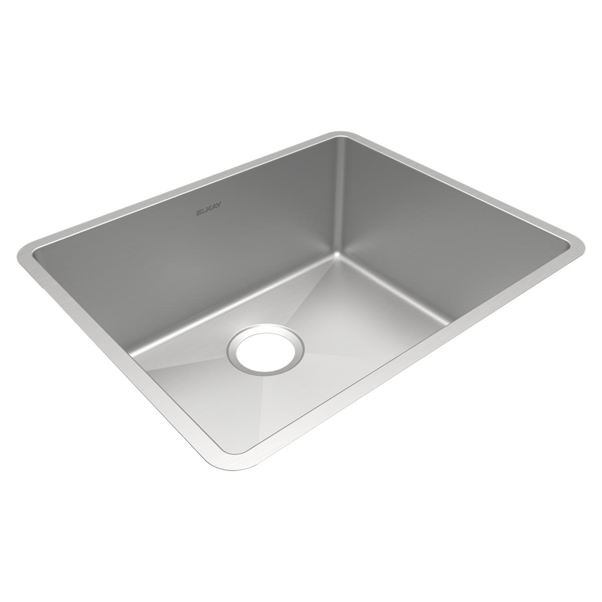 Stainless steel single bowl undermount sink with rounded corners and center drain opening.