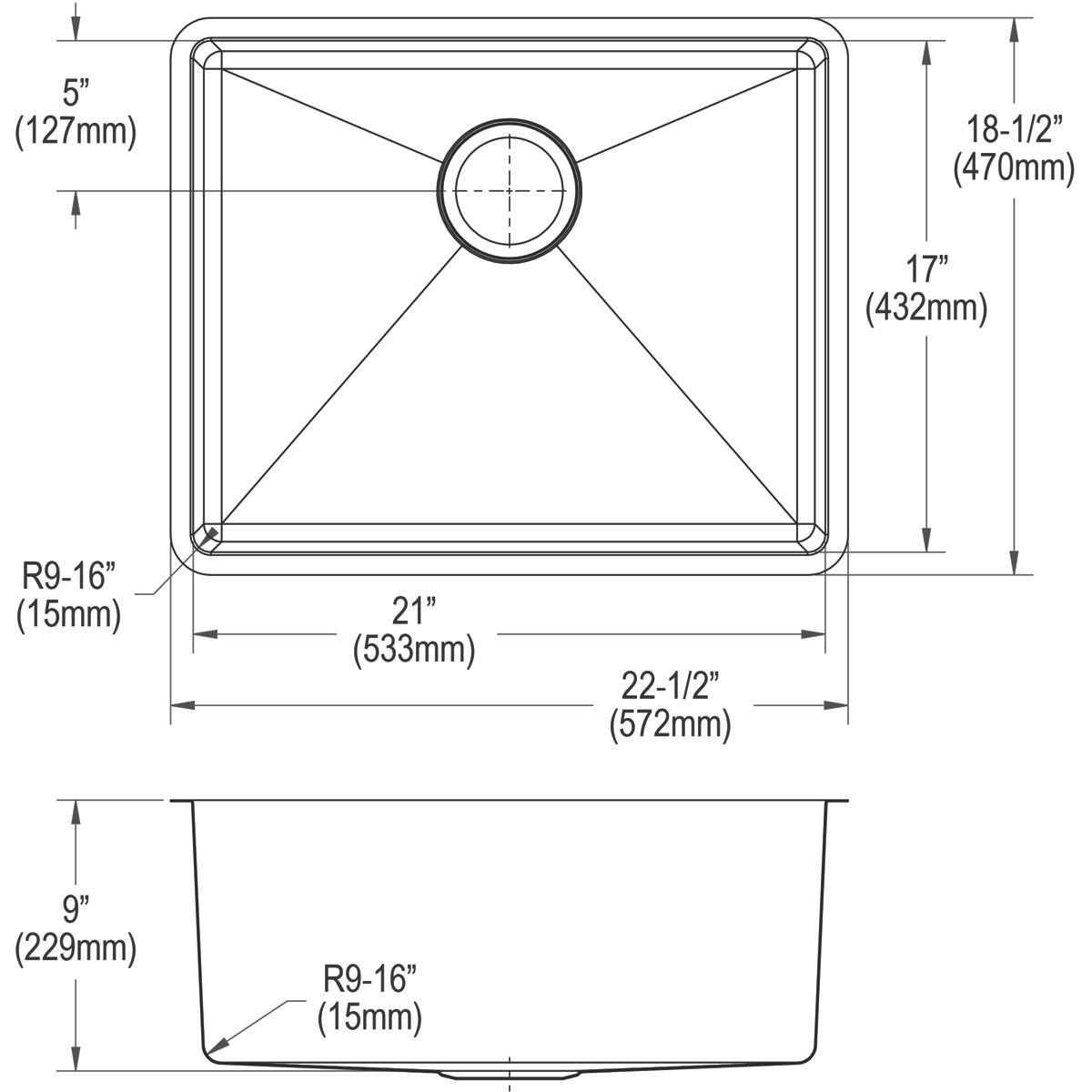 Stainless steel undermount sink with single bowl, rounded corners, and centered drain opening shown in top and side views wit