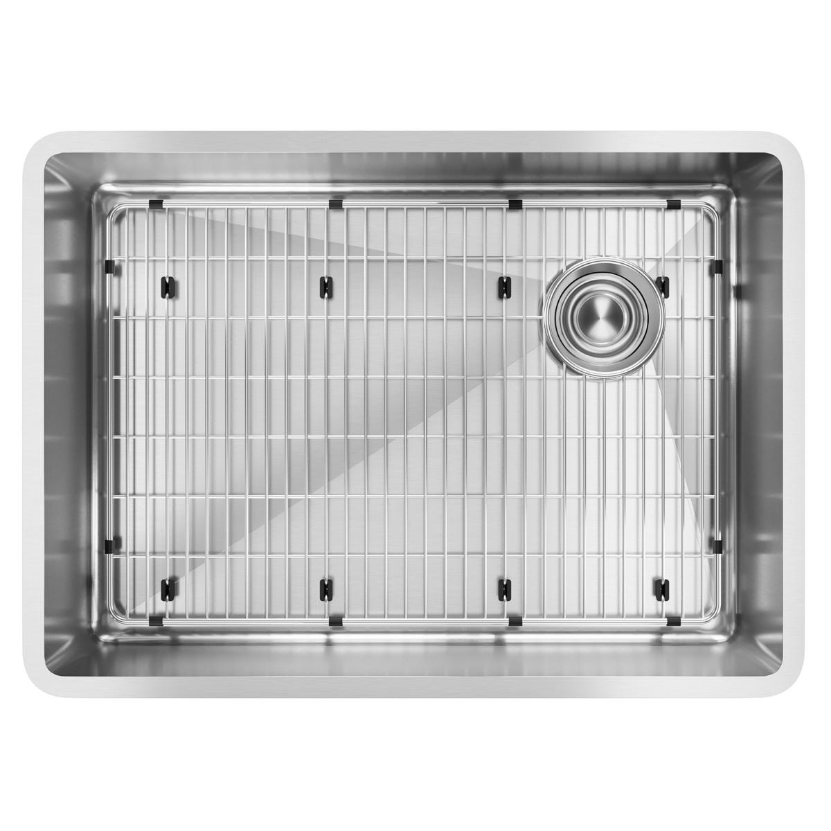 Stainless steel single bowl undermount sink with drain strainer and metal grid insert, viewed from above.