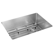 Stainless steel single bowl undermount sink with protective grid and drain assembly included.