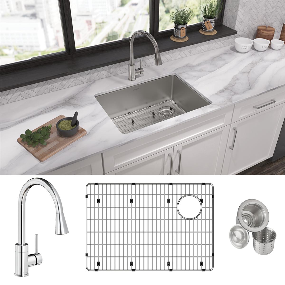 Stainless steel undermount sink with single bowl, chrome pull-down faucet, bottom grid, and drain strainer basket shown insta