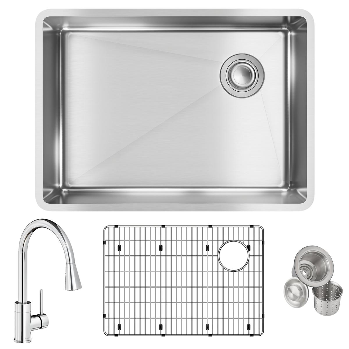 Stainless steel single bowl undermount sink with pull-down faucet, bottom grid, and drain strainer accessories.