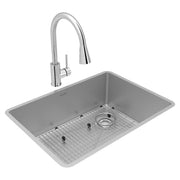 Stainless steel single bowl undermount sink with grid and drain, paired with chrome pull-down faucet.