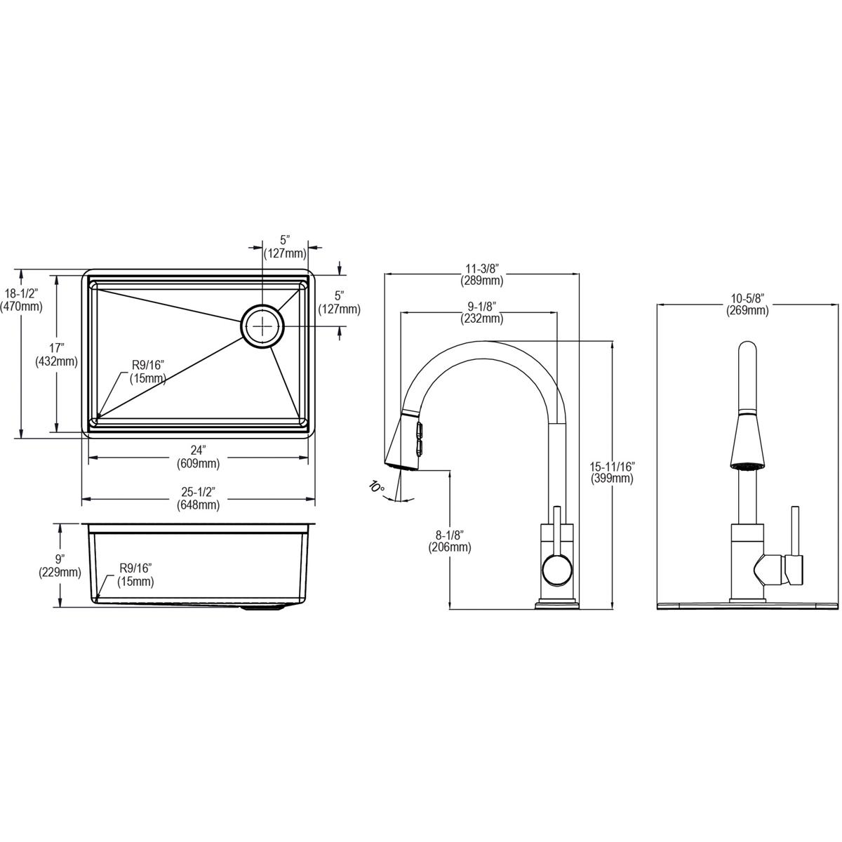 Stainless steel single bowl undermount sink with rounded corners, drain hole, and matching pull-down faucet shown in top, sid