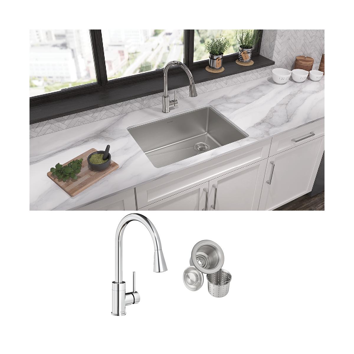 Elkay Crosstown 18 Gauge Stainless Steel 25-1/2" x 18-1/2" x 9" Single Bowl Undermount Sink & Faucet Kit with Drain