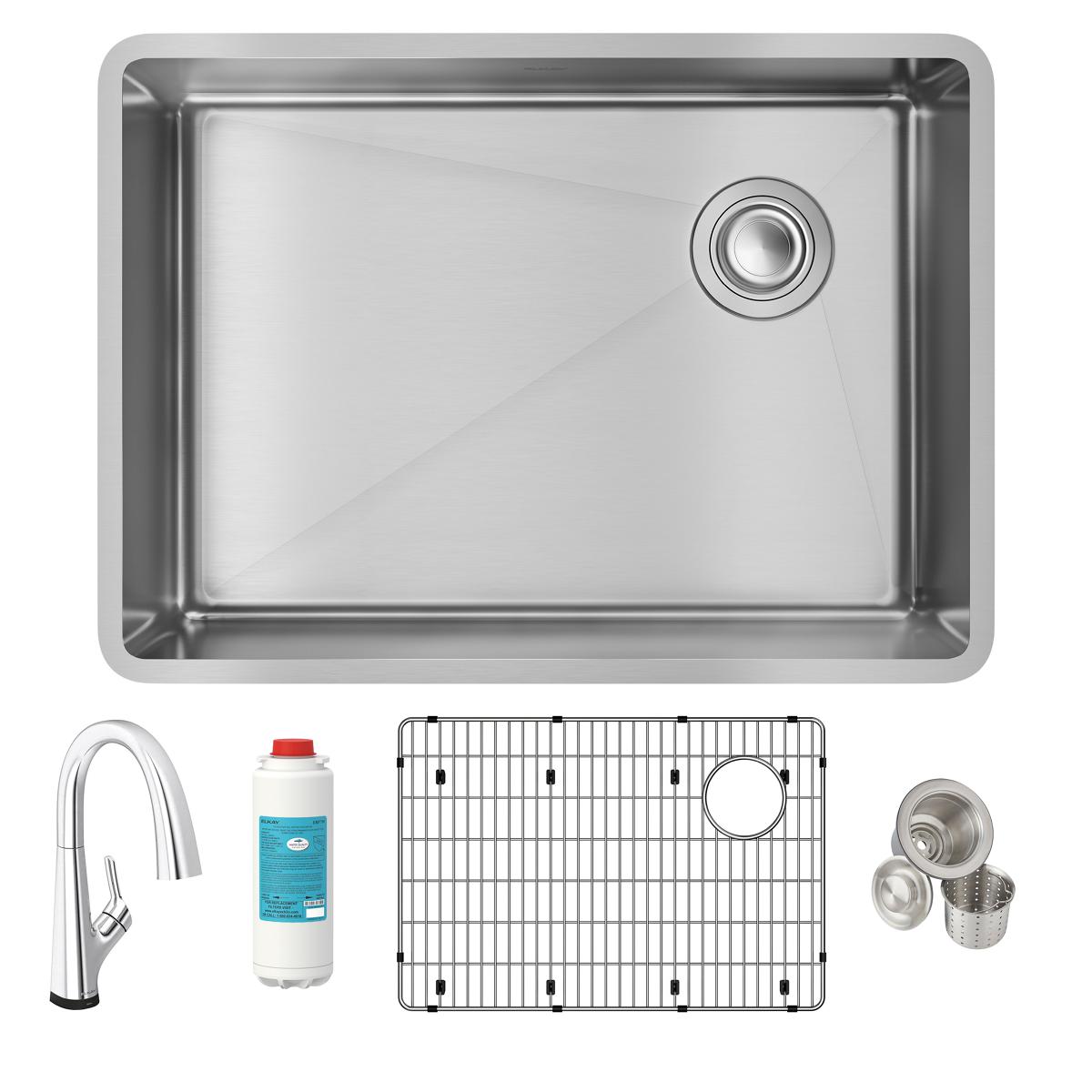 Stainless steel single bowl undermount sink with filtered faucet, grid, strainer baskets, and water filter cartridge.