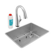 Stainless steel single bowl undermount sink with pull-down faucet, grid, and replacement water filter cartridge included.