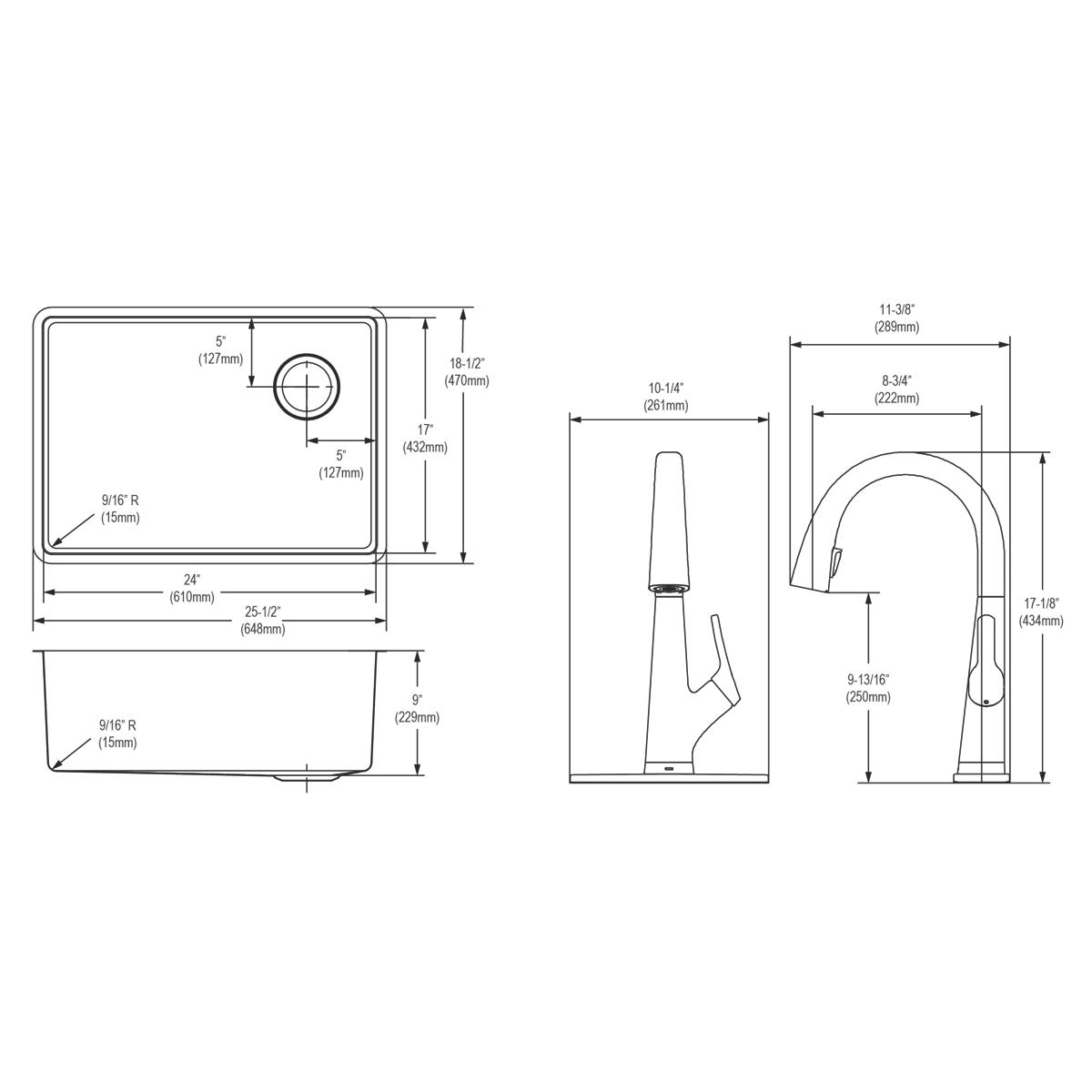 Stainless steel single bowl undermount sink with matching pull-down faucet shown in top, front, and side technical drawings w