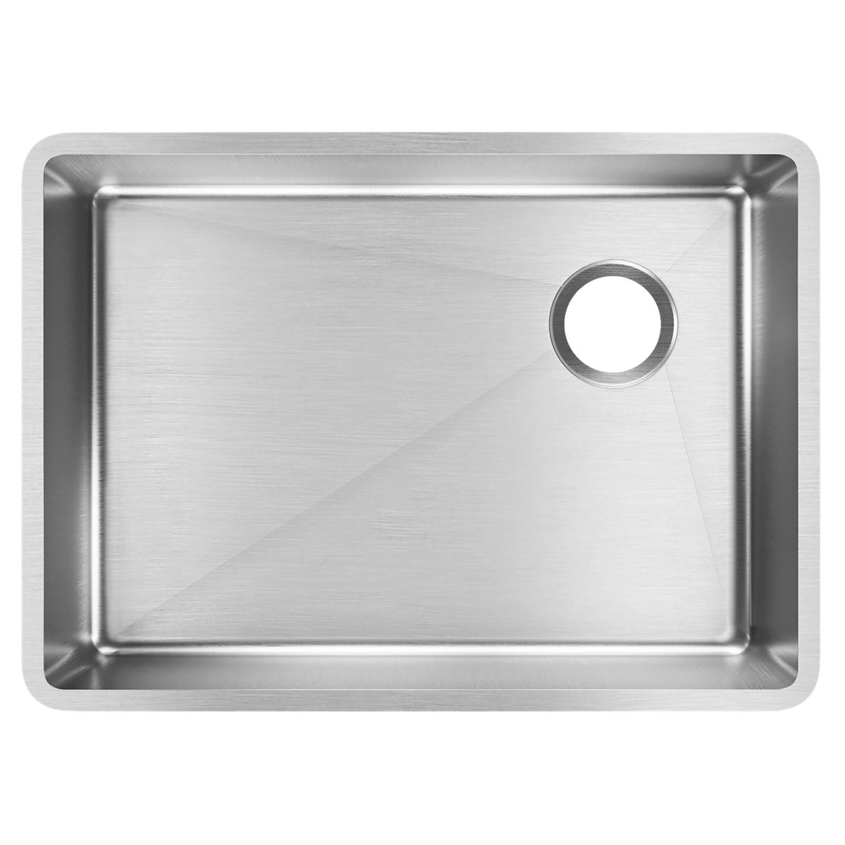 Stainless steel single bowl undermount sink with brushed finish and faucet hole on right side.