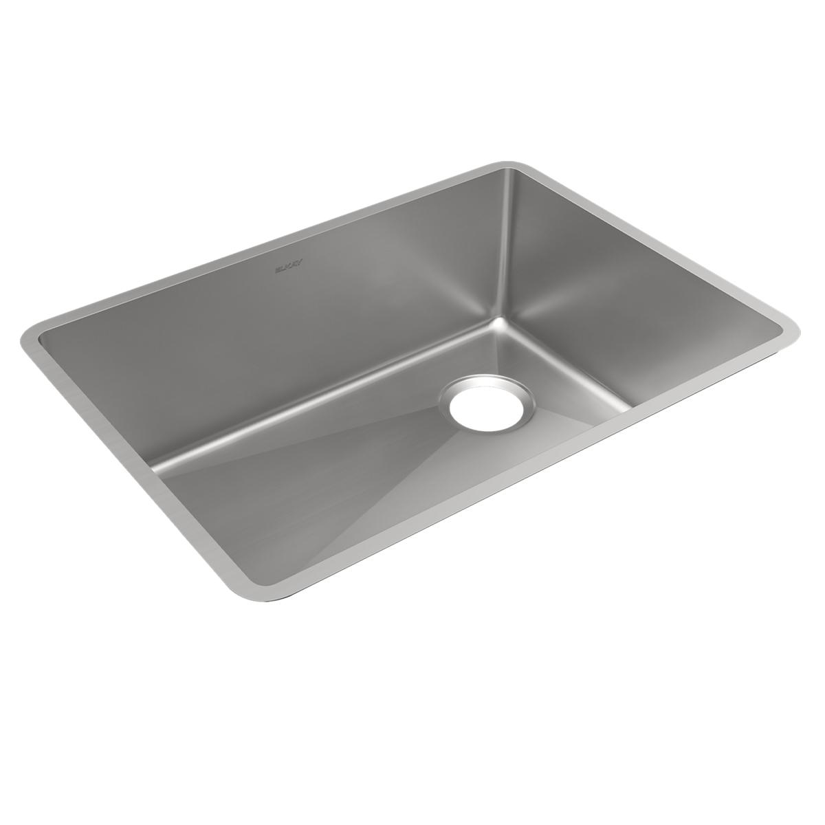 Stainless steel single bowl undermount sink with rounded corners and drain hole.