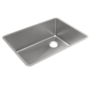 Stainless steel single bowl undermount sink with rounded corners and drain hole.