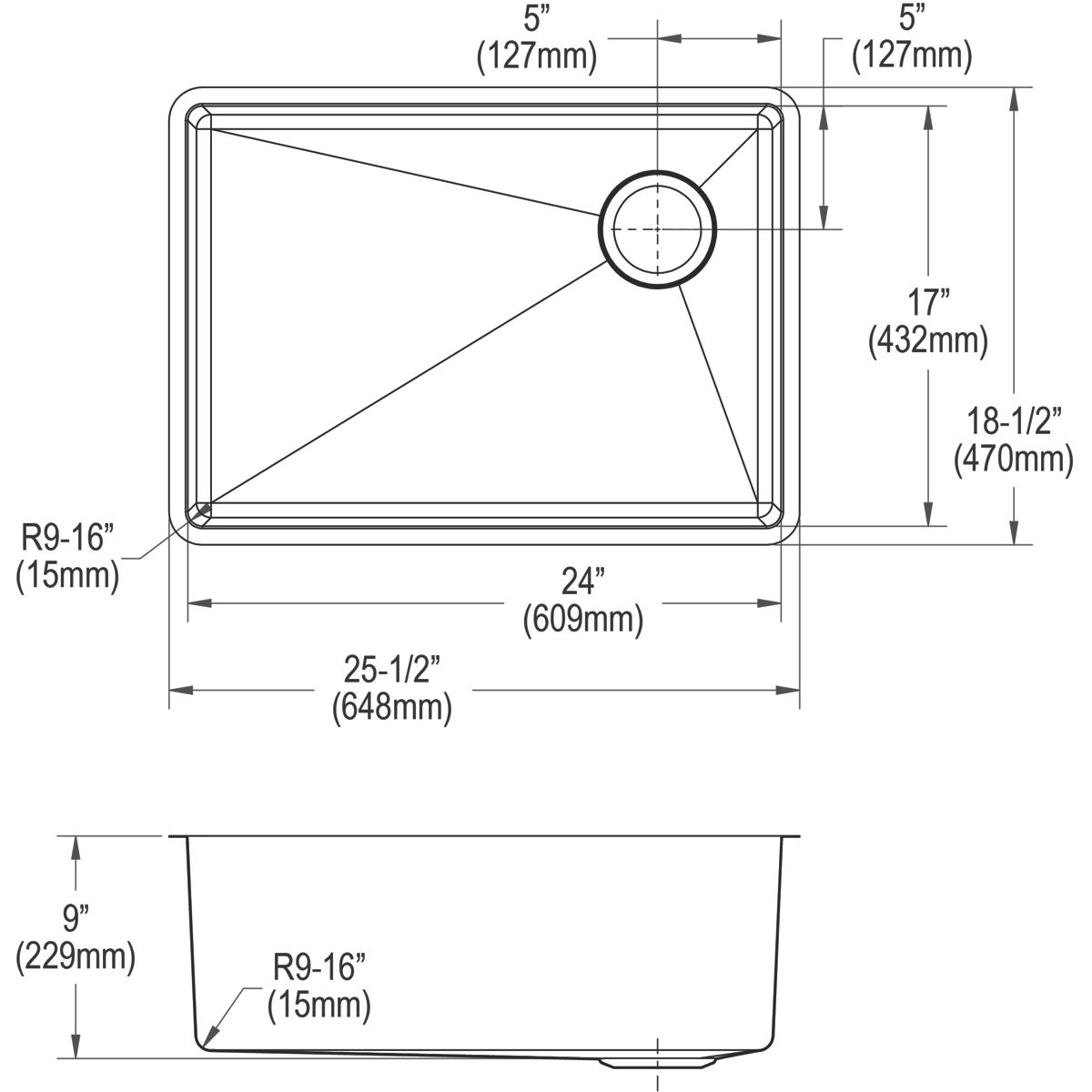 Stainless steel undermount sink with single bowl, rounded corners, and center drain opening shown in top and side views with 