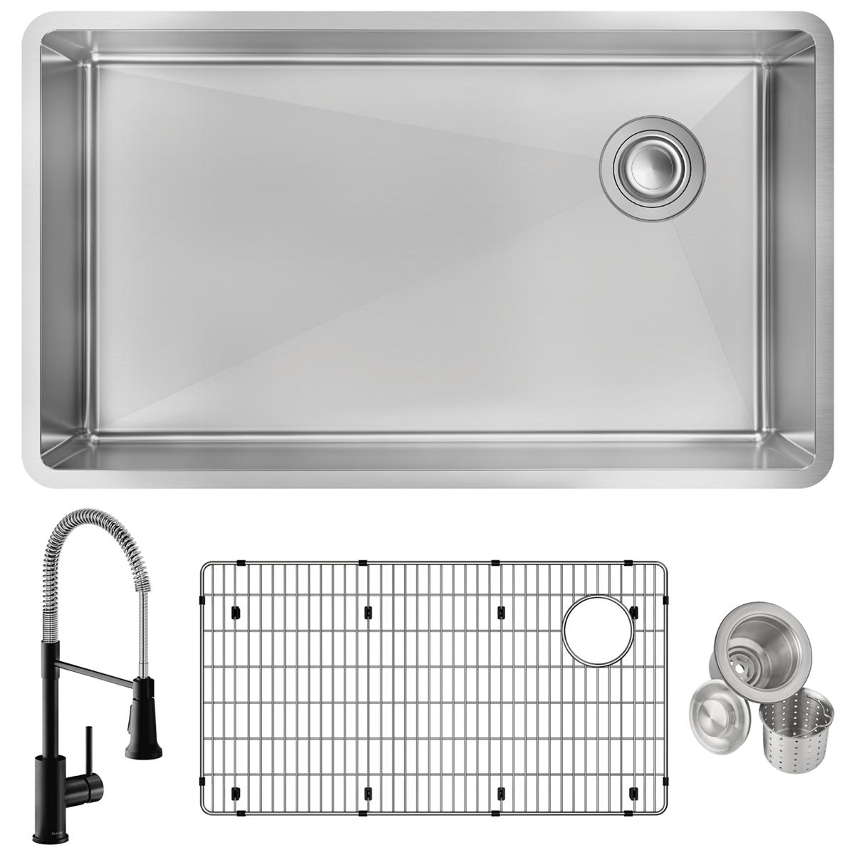 Stainless steel undermount sink with single bowl, drain opening, black pull-down faucet, grid insert, and strainer basket.