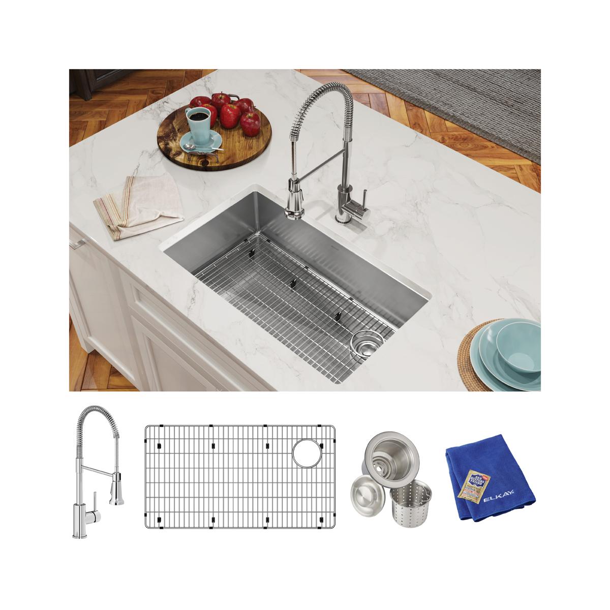 Stainless steel undermount sink with chrome faucet, grid, strainer, and cleaning cloth included in kit.