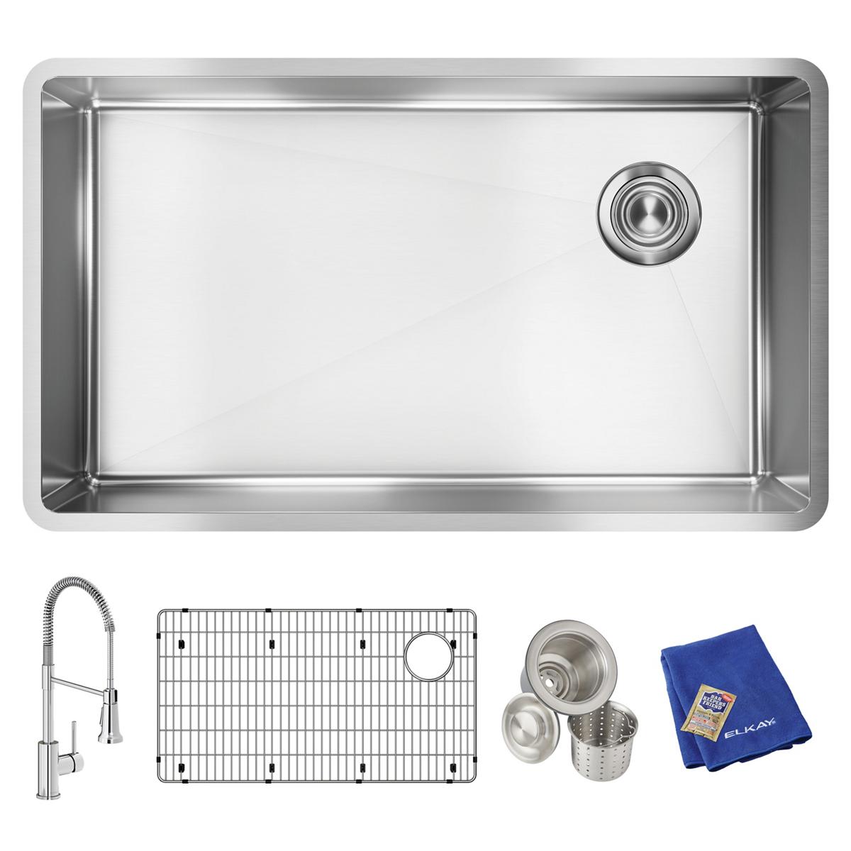 Stainless steel single bowl undermount sink kit with pull-down faucet, grid, strainer basket, and cloth.