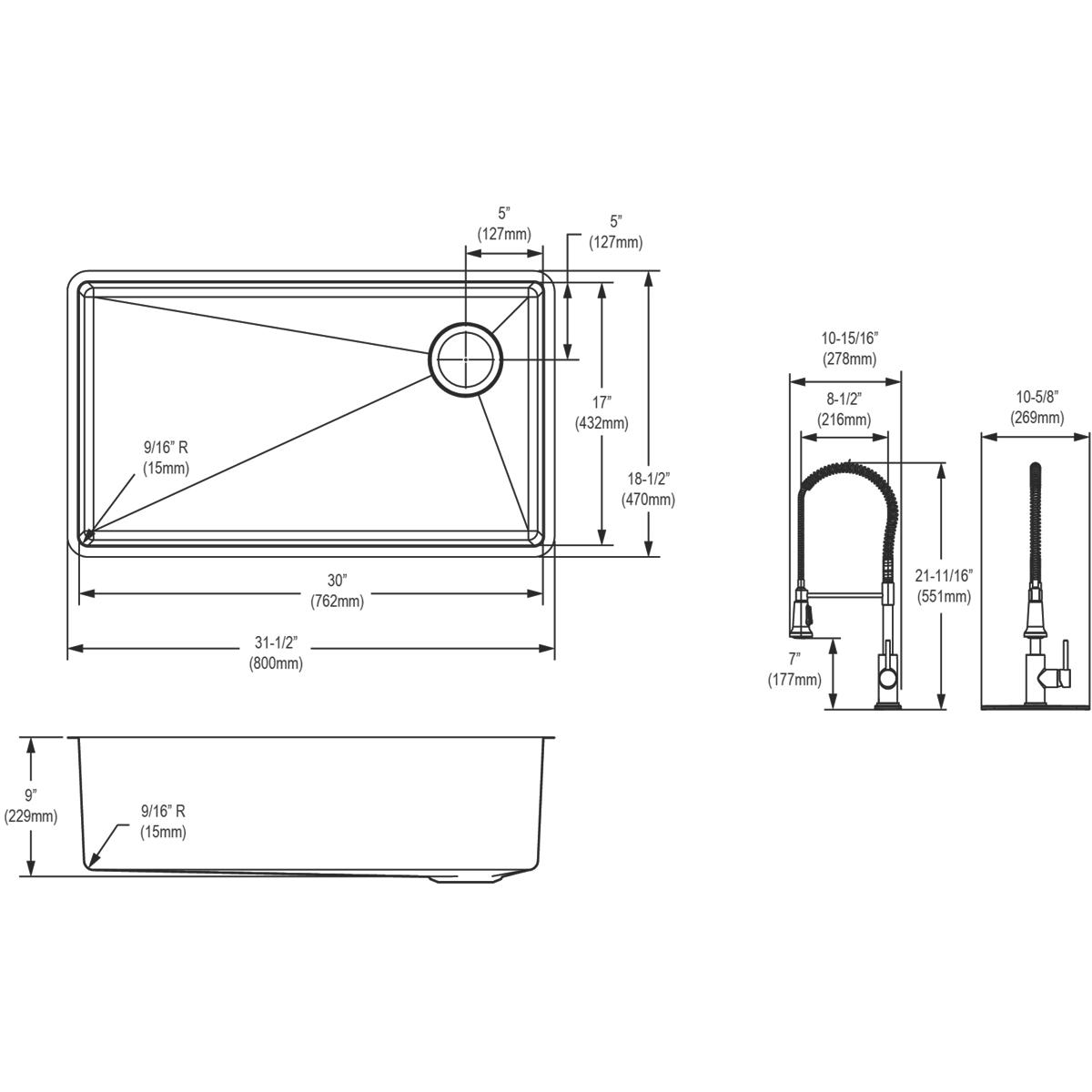 Stainless steel single bowl undermount sink with pull-down faucet shown in top, side, and front technical drawings with dimen
