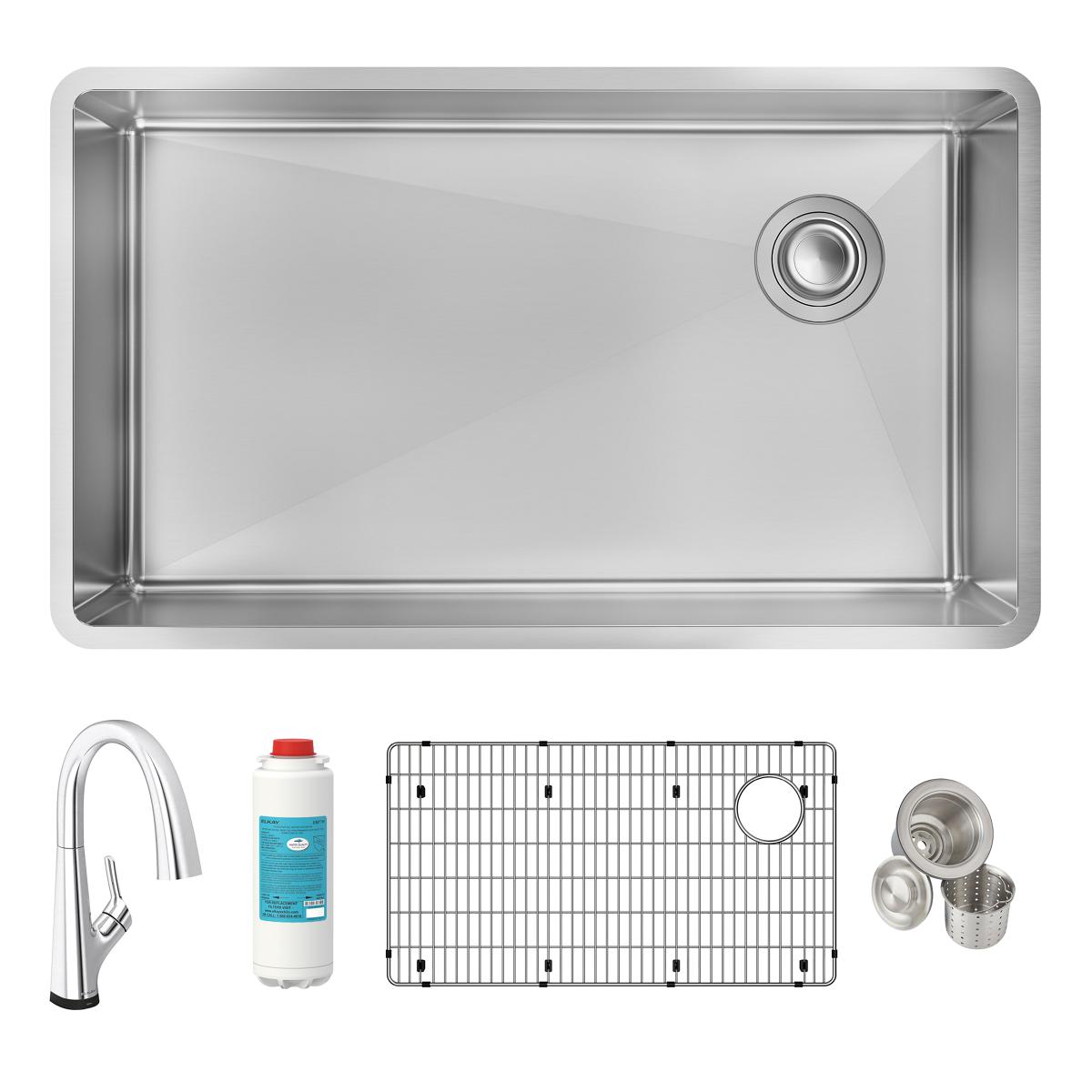 Stainless steel single bowl undermount sink kit with pull-down faucet, grid, filter cartridge, and strainer baskets.
